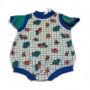Vintage Healthtex Baby Romper 6-9M Fish Frog Plaid 90s One Piece USA